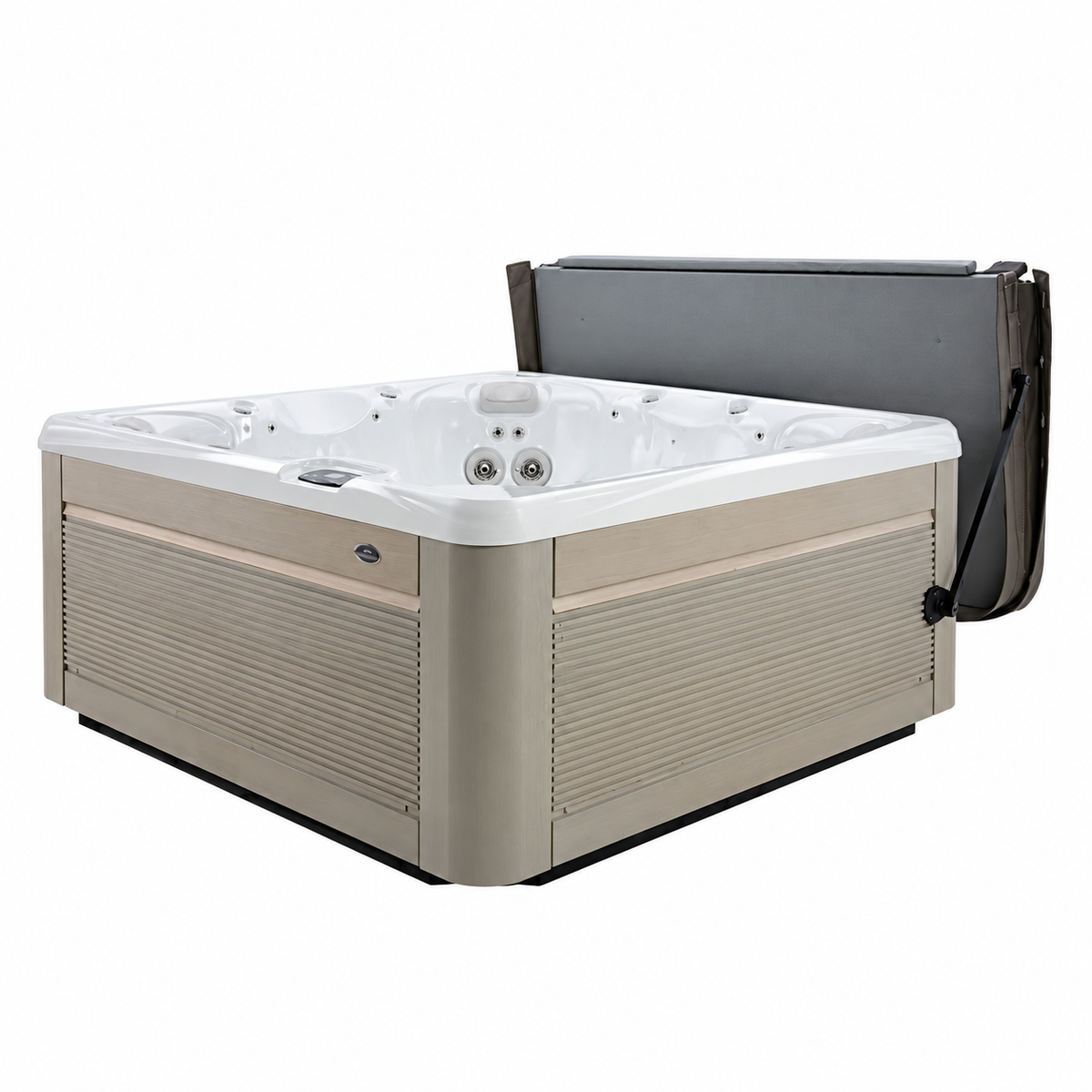 Caldera ProLift II hot tub cover lifter holding a dark cover upright behind an open spa