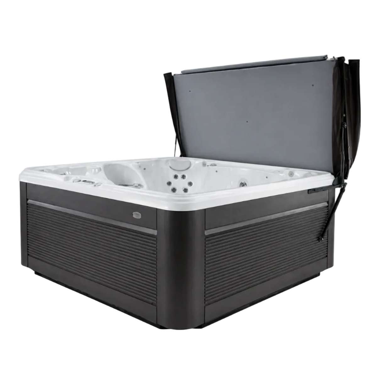 Caldera ProLift IV cover lifter holding a dark hot tub cover upright behind an open spa