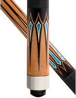 Close-up of a pool cue showing the wood grain shaft, black grip, silver ferrule, and decorative blue and black diamond pattern on the butt.