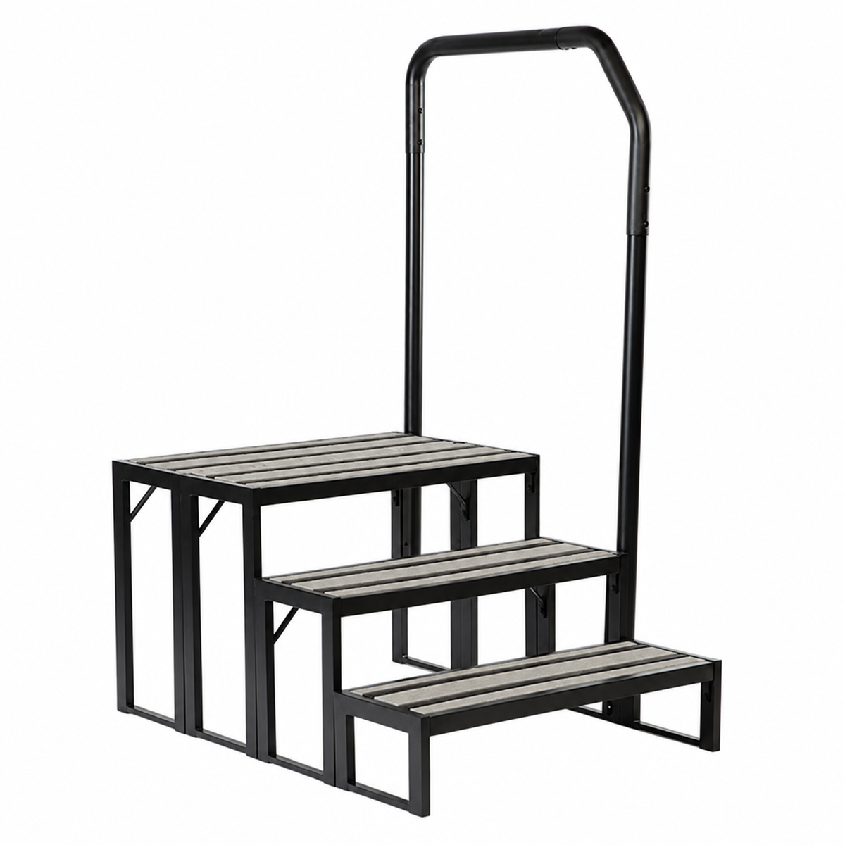 Three-step metal stair platform with a vertical handrail, featuring black steel framing and light gray slatted steps, shown on a plain white background.
