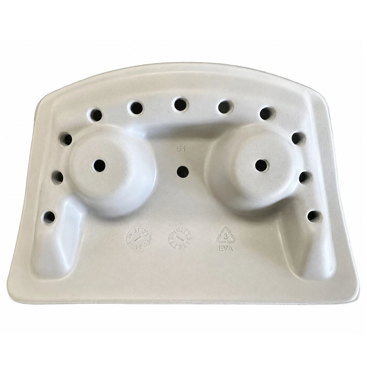 A light gray molded plastic component with two raised circular sections, multiple circular holes, and embossed recycling symbols, shown on a plain white background.