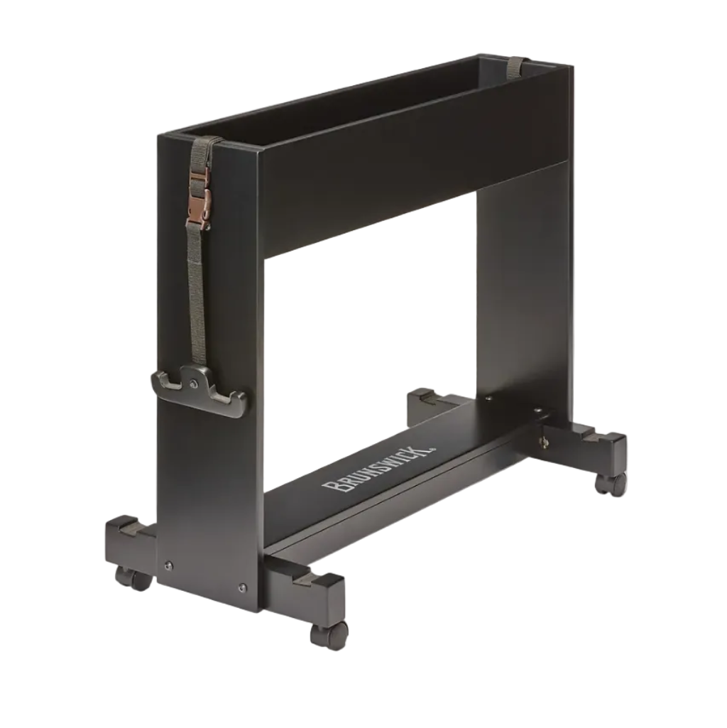 Black metal conversion top caddy with a strap from brunswick billiards, on a plain white background
