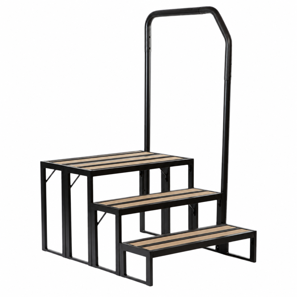 A three-step metal stair lift with a black frame and natural wood slats on each step, featuring a tall black handrail, shown on a solid white background.