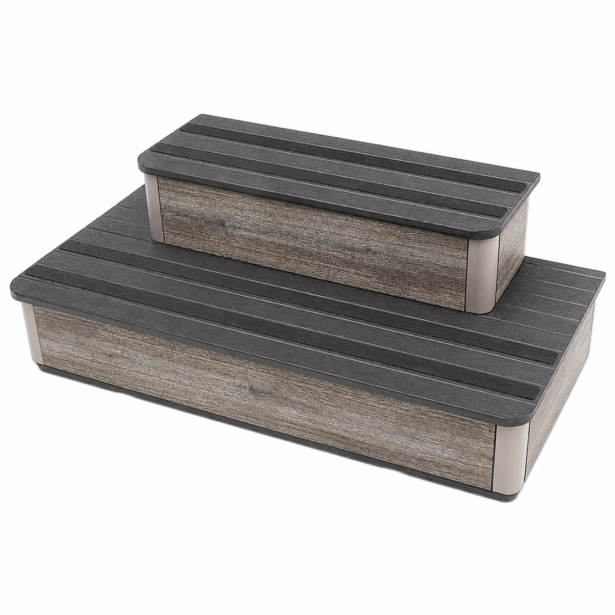 Two-step rectangular steps with black ribbed tops and light grey and brown wood-grain sides, shown on a plain white background.