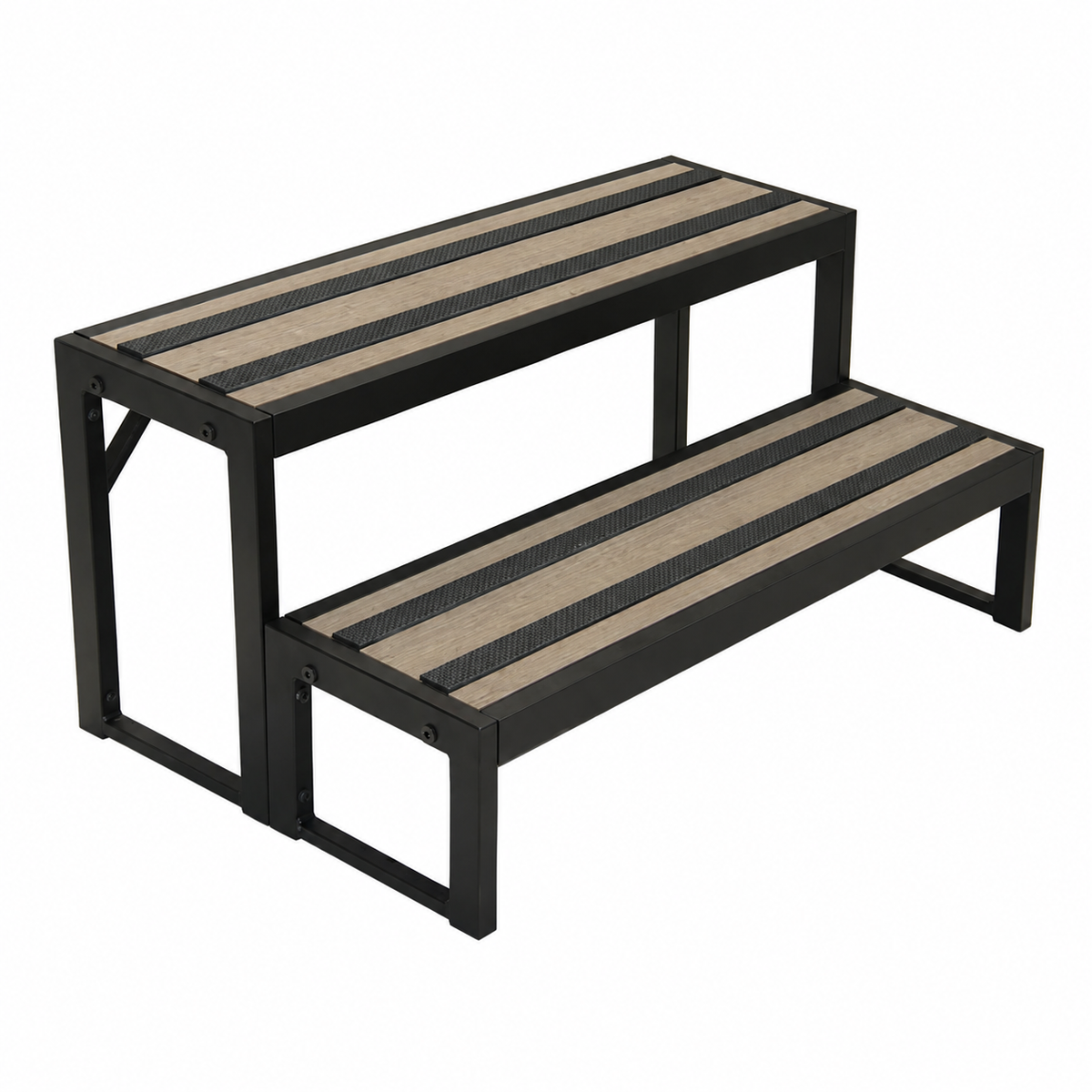 A two-step outdoor bench with a black metal frame and textured beige and black striped slats on the seat surfaces, shown on a plain white background.