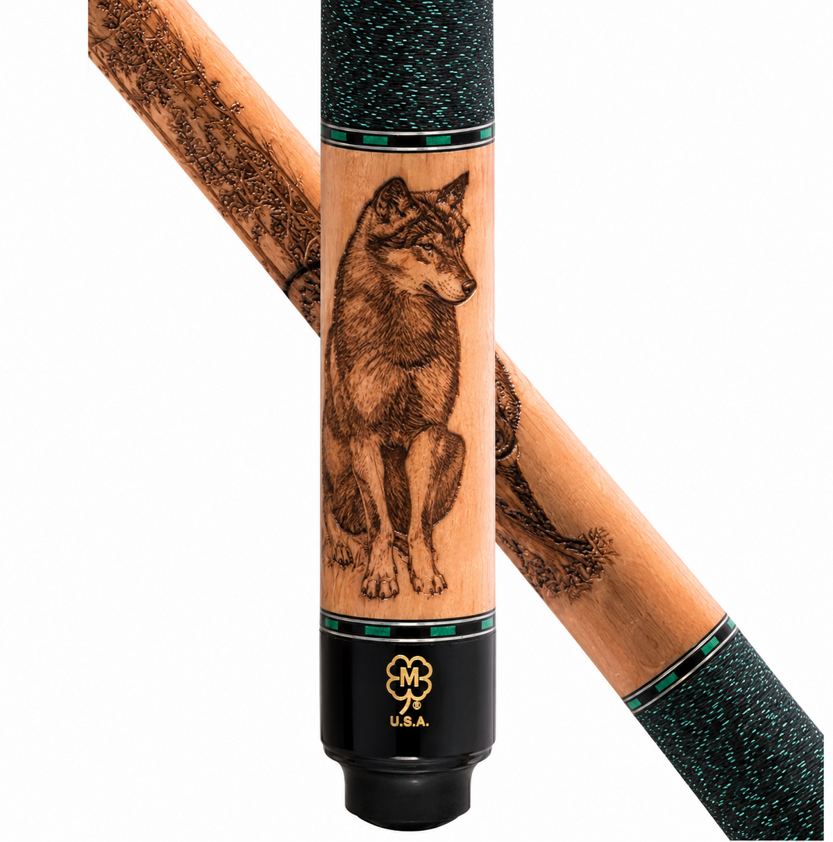 A close-up studio shot of a wooden cue shaft with a detailed engraved wolf portrait on the center section, dark green textured grip ends, and a black butt cap featuring a gold U.S.