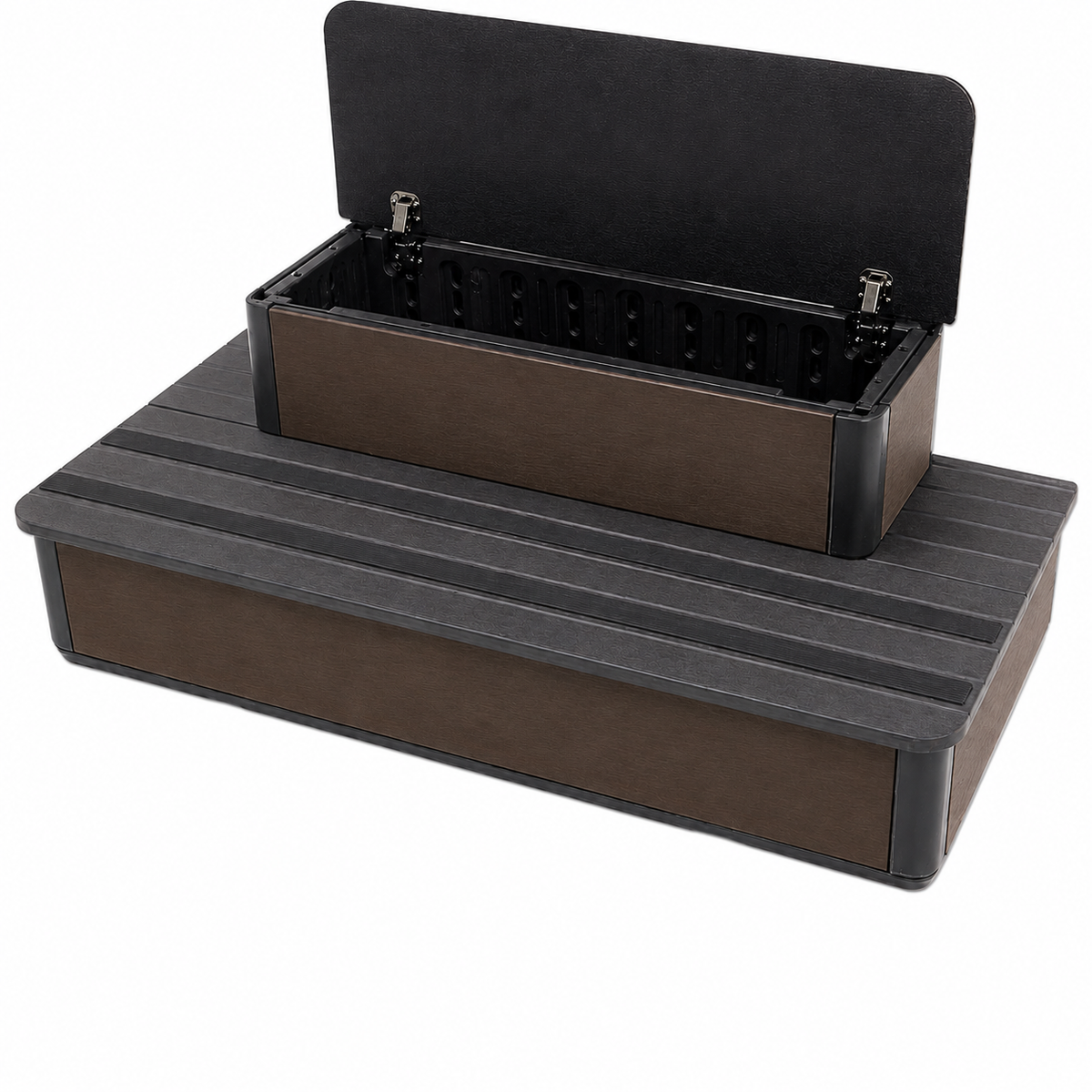 Two-step metal steps with a black ribbed tread and dark brown sides, shown with the top step open to reveal the interior storage compartment.